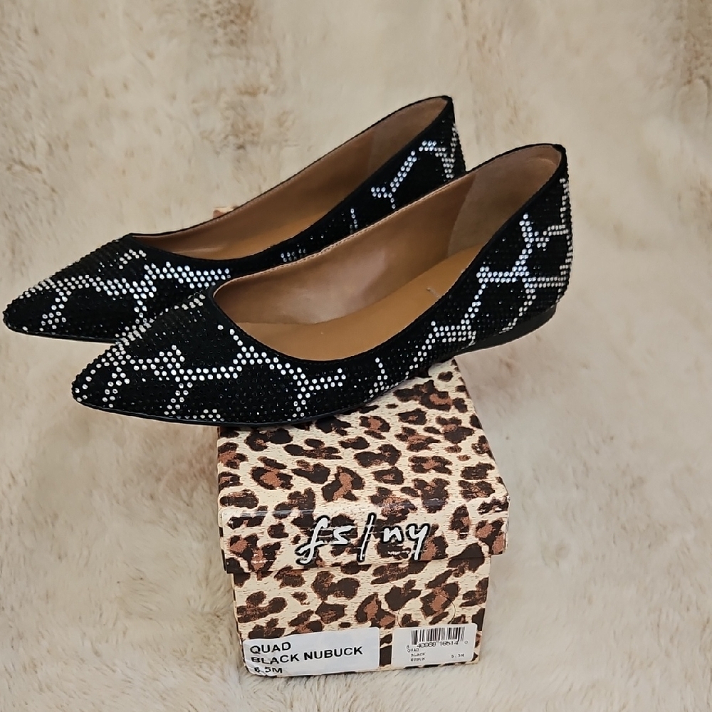 FS/NY Quad Black Nubuck Jeweled Women's Ballet Flat Shoes